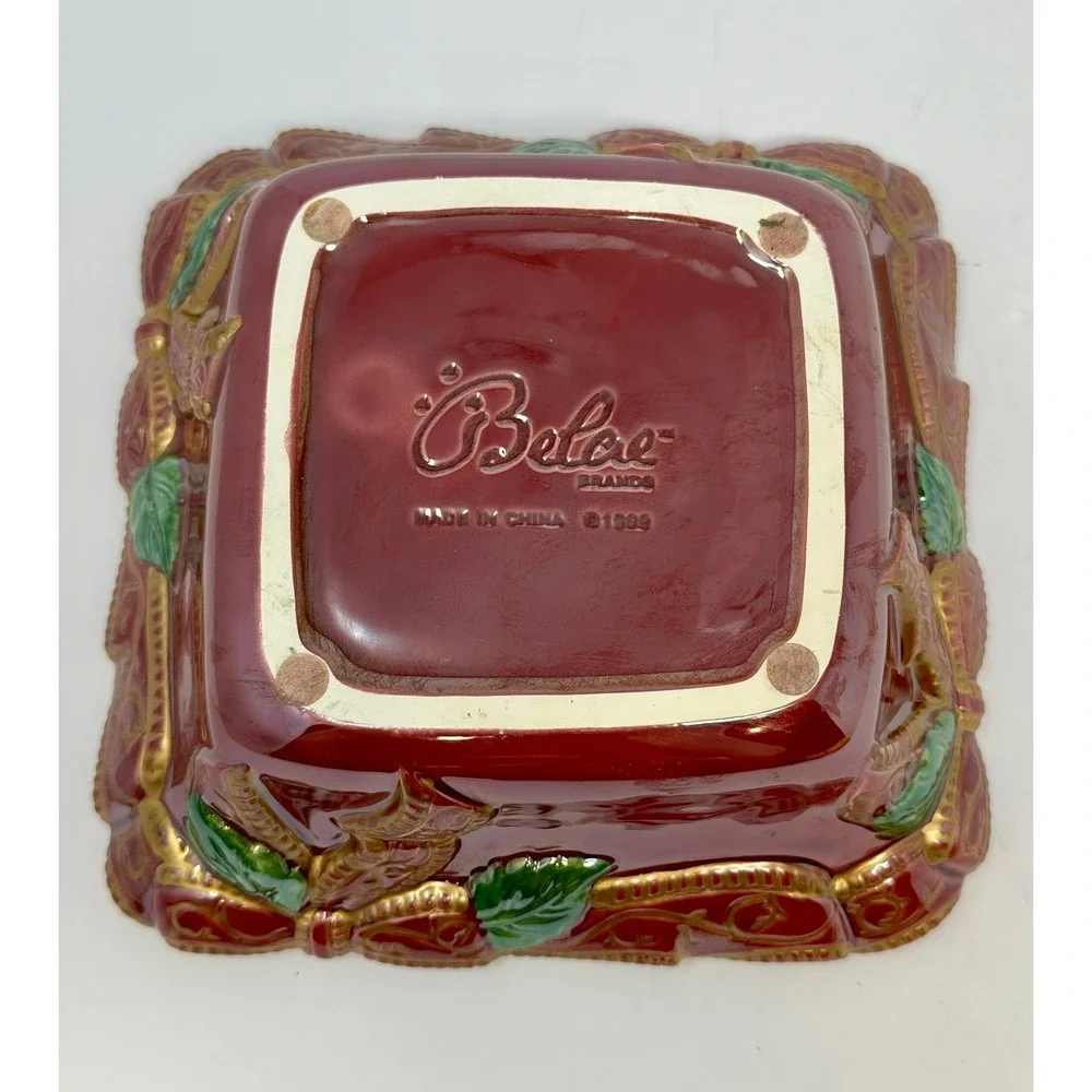 Bailee Brands Vintage 1999 Christmas Burgundy Gold Ribbon Ceramic Square Bowl A1
